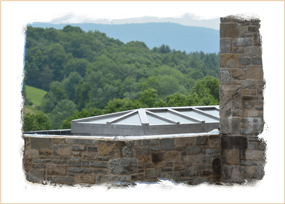 A picture of the roof of a building with trees in the background.