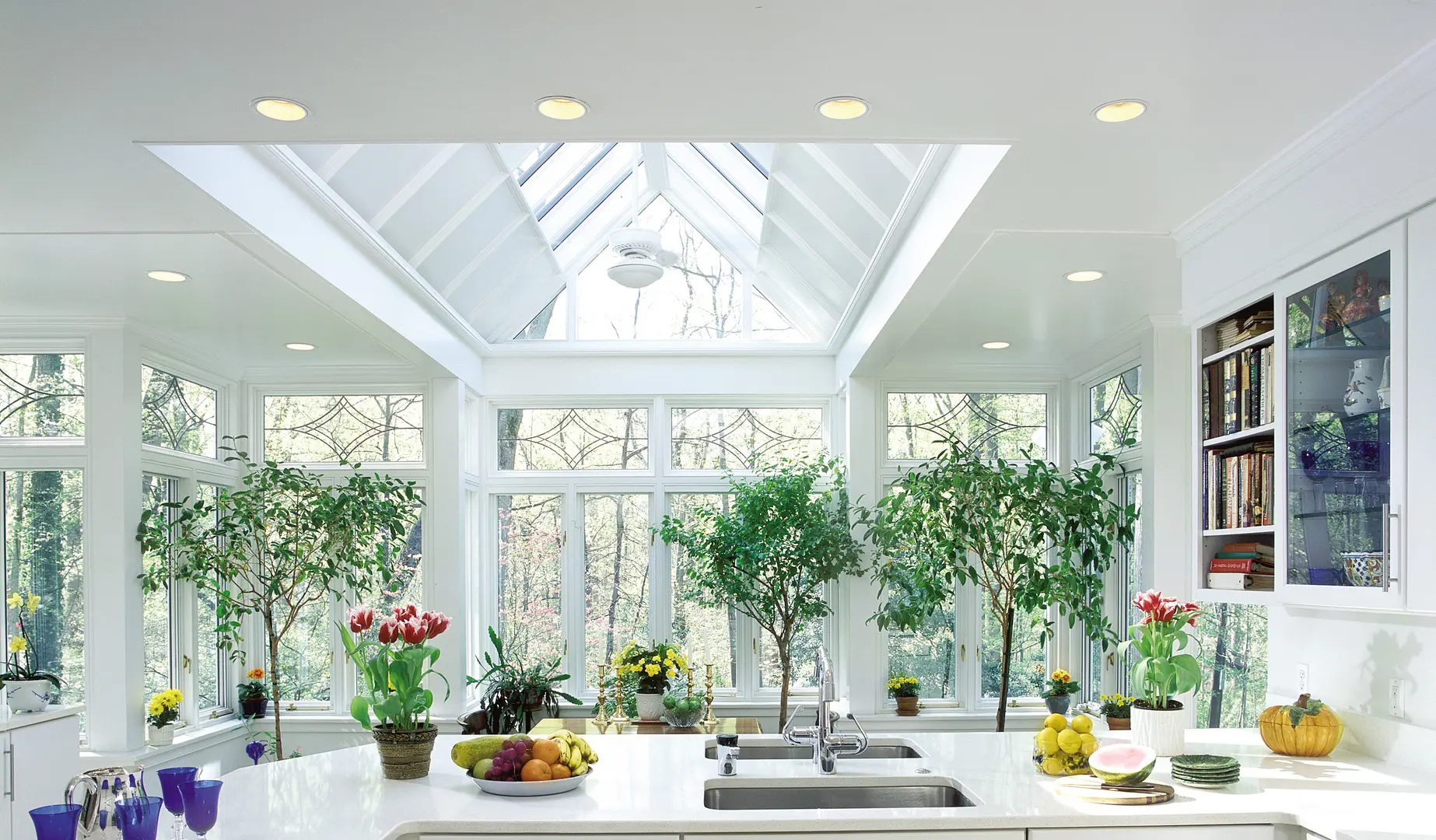 A kitchen with plants and flowers in the center of it.