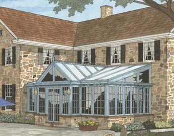 A drawing of an old house with a large glass sunroom.