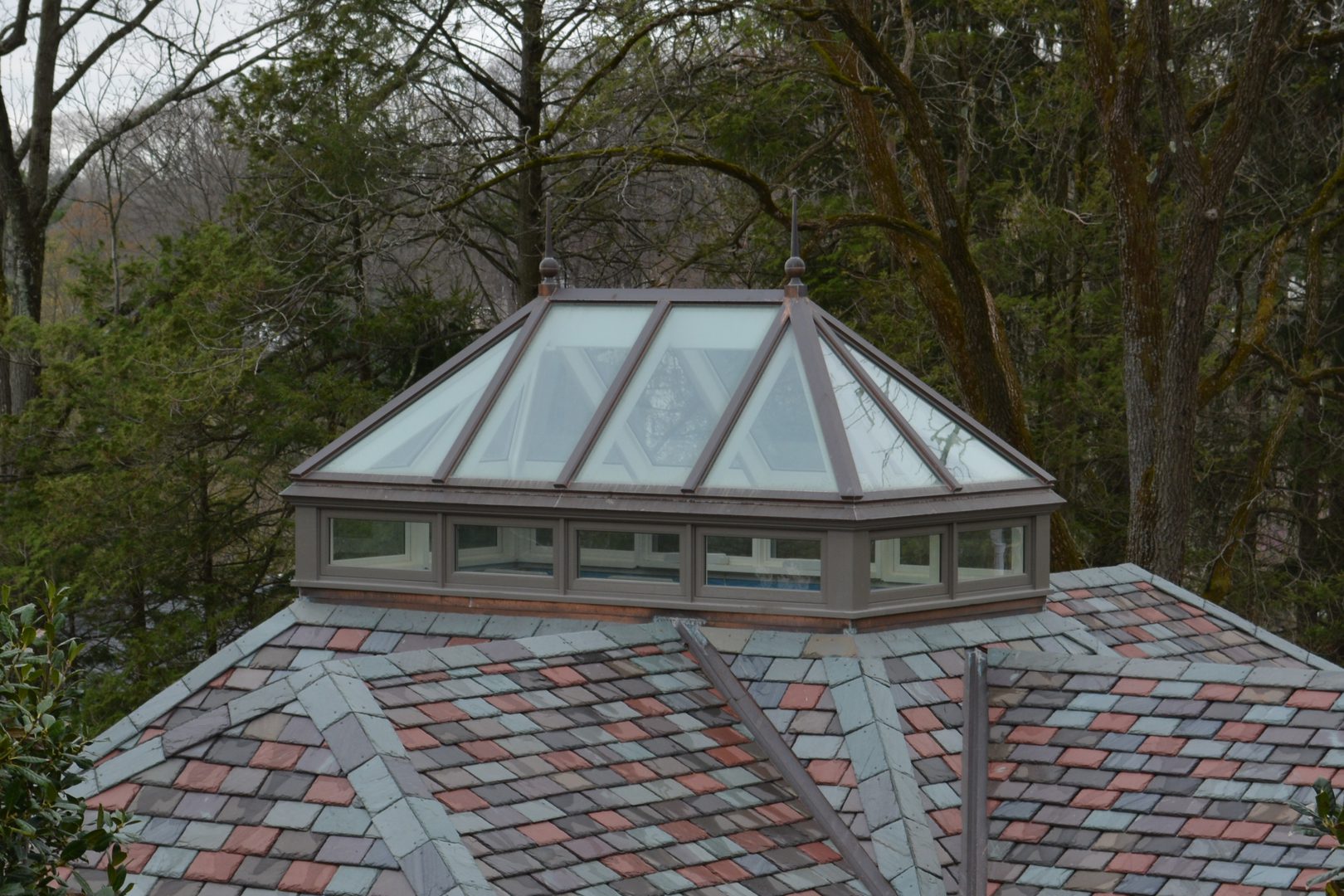 A roof with a skylight and some trees