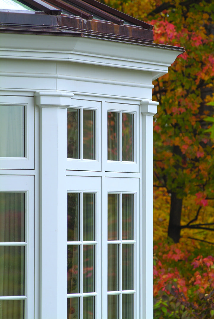 A white window frame with autumn leaves in the background.