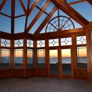 A room with many windows and doors overlooking the ocean.