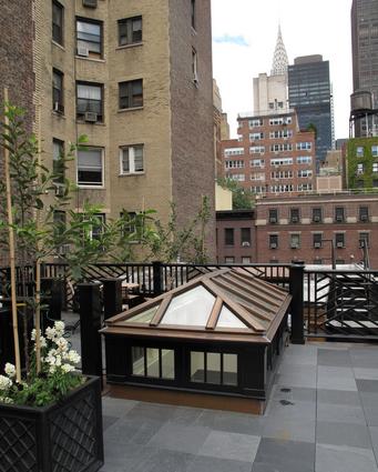 A roof top with trees and buildings in the background