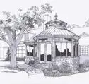 A drawing of a gazebo with trees in the background.