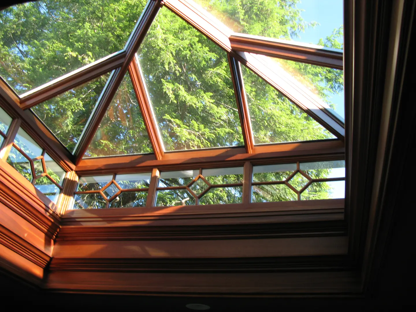 A wooden window with a glass roof and a tree in the background.
