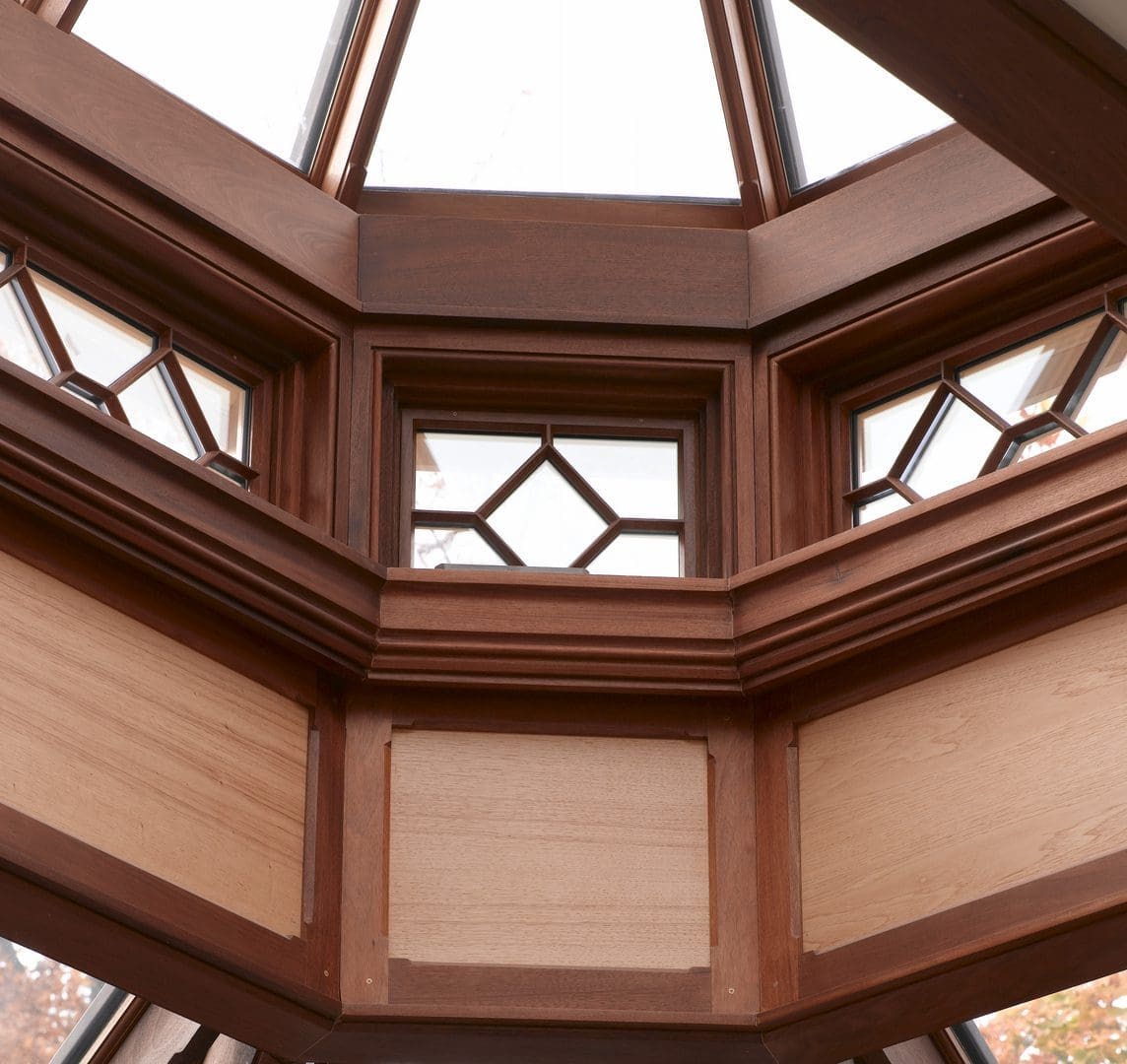 A view of the inside of a building with windows.