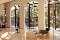 A room with three large windows and a dog sitting on the floor.